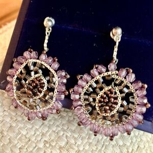 Purple, Silver Mandala-style seed bead geometric circular handcrafted earrings